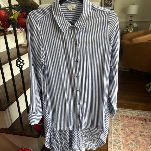 Max Studio Tops - Max Studio Blue and White Striped Button Down Tunic Shirt